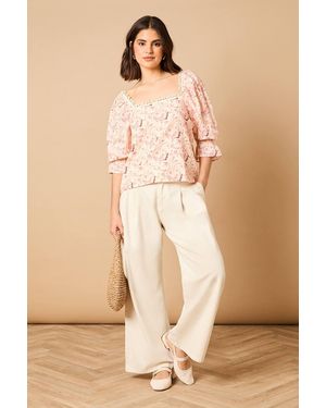Oasis Printed Square Neck Puff Sleeve Top - Natural