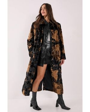 Nasty Gal Cow Print Faux Fur Longline Coat - Black