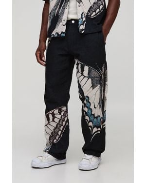 Boohoo Butterfly Tapestry Relaxed Fit Fixed Waist Trouser - Negro