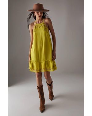 Warehouse Hcd Chiffon Embroidered Halter Mini Dress - Yellow