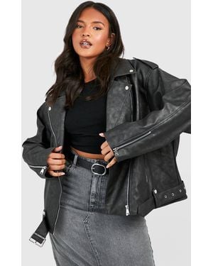Boohoo Plus Vintage Wash Pu Oversized Biker Jacket - Black