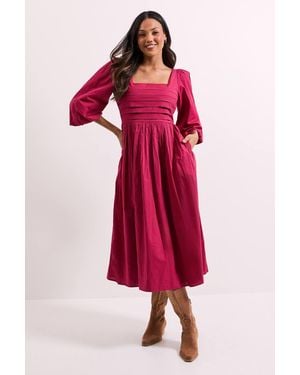Dorothy Perkins Pleat Bodice Puff Sleeve Midi Dress - Red