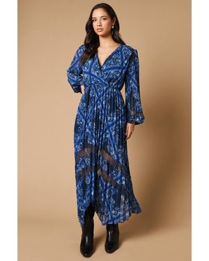 Oasis Scarf Print Pleated Lace Trim Insert Wrap Midi Dress - Blue