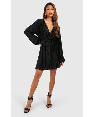 Boohoo Wave Plisse Blouson Mini Dress - Black