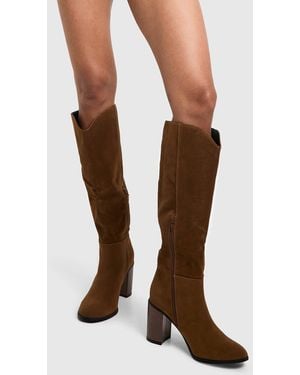 Boohoo Faux Suede Wooden Stack Heel Detail Knee High Boot - Brown
