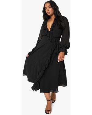 Boohoo Plus Chiffon Ruffle Wrap Dress - Black