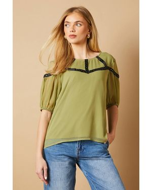 Oasis Hand Embellished Trim Scoop Neck Half Sleeve Blouse - Green