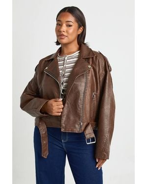 Boohoo Plus Vintage Faux Leather Crop Biker Jacket - Brown