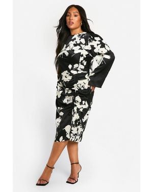 Boohoo Plus Woven Floral Ruched Midi Dress - Black