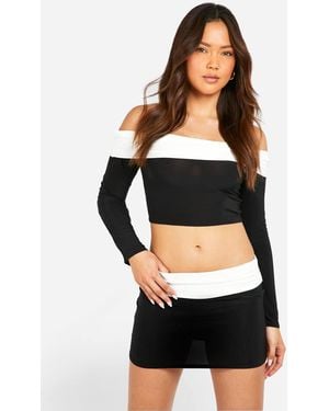Boohoo Foldover Contrast Waistband Mini Skirt - Black