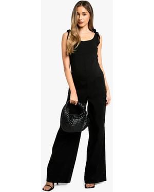 Boohoo Maternity Stretch Woven Tie Shoulder Detail Scoop Neck Wide Leg Jumpsuit - Black