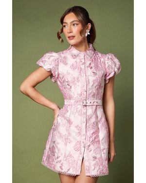 Coast Short Sleeve Jacquard Belted Mini Dress - Pink