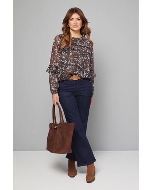 Wallis Abstract Print Stud Trim Frill Top - Blue