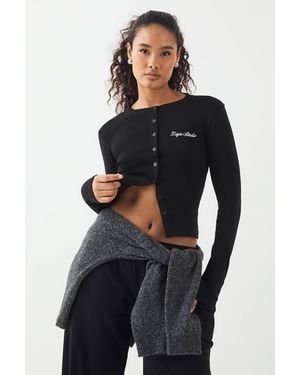 DSGN Studio Ribbed Script Embroidery Button Through Long Sleeve Top - Blue