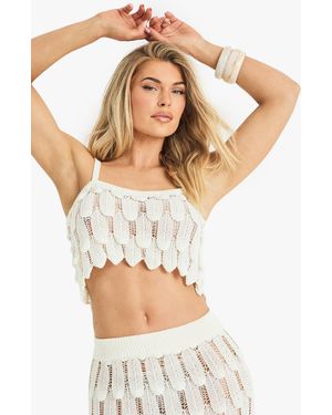 Boohoo Scallop Detail Knitted Crochet Beach Top - White