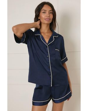 Oasis Plain Satin Short Sleeve Nightwear Set - Blue