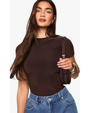 Boohoo Double Layer Slinky Short Sleeve One Piece - Brown