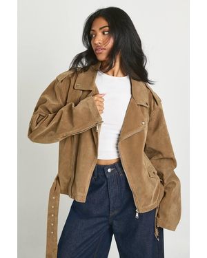 Boohoo Suede Look Oversized Biker Jacket - Natural