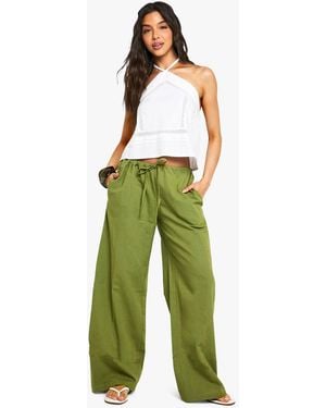Boohoo Skinny Waistband Linen Wide Leg Pants - Green