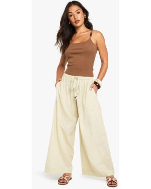 Boohoo Petite Linen Beaded Wide Leg Beach Pants - Natural