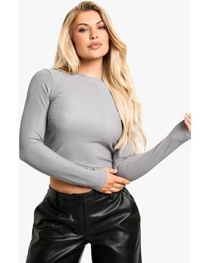 Boohoo Diamante Hotfix Long Sleeve Top - Gray