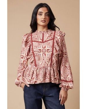Oasis Paisley Printed Ruffle Lace Trim Top - Pink