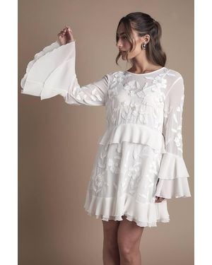 Coast Sequin Long Sleeve Ruffle Mini Wedding Dress - White