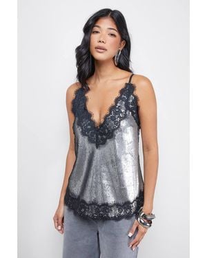 Warehouse Sequin Lace Trim High Apex Cami Top - White