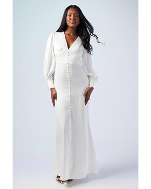 Oasis Premium Button Front Blouson Sleeve Satin Wedding Dress - White