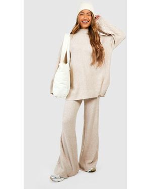 Boohoo Pantalón De Pernera Ancha Y Punto Y Canalé Suave - Neutro