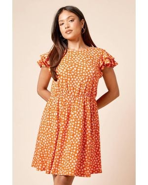 Dorothy Perkins Petite Ditsy Double Angel Sleeve Jersey Mini Dress - Orange