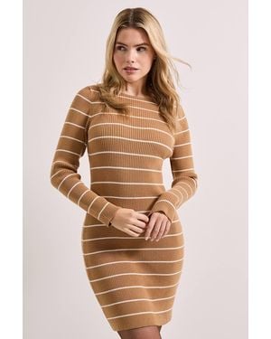 Dorothy Perkins Camel Slim Slash Neck Knitted Mini Dress - Natural