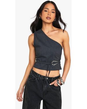 Boohoo Bengaline One Shoulder Trim Detail Top - Blue