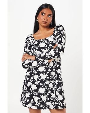 Dorothy Perkins Petite Mono Floral Square Neck Mini Dress - White
