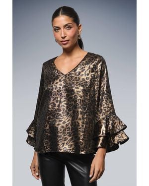 Wallis Metallic Leopard Flute Sleeve Top - Gray