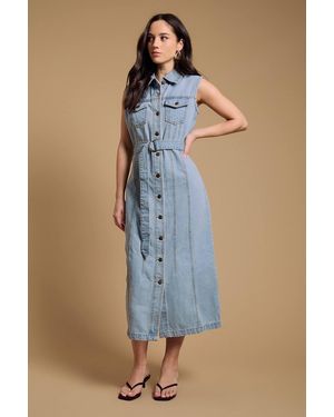 Oasis Belted Waist Pocket Detail Midi Dress - Blue