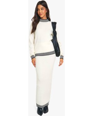 Boohoo Premium Contrast Trim Sweater And Maxi Skirt Knitted Co-Ord - White