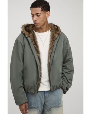 BoohooMAN Oversized Faux Fur Trim Hooded Bomber Jacket - Gray