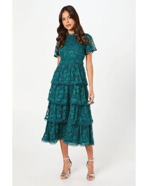 Coast Petite Tiered Lace Dress With Flutter Sleeve & Trims - Green