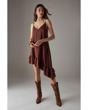 Warehouse Satin Asymmetric Ruffle Mini Strappy Dress - Brown