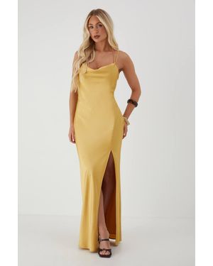 MissPap Satin Cowl Split Leg Maxi Dress - Metallic
