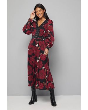 Wallis Floral Spot Mix Balloon Sleeve Midi Dress - Red