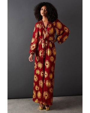 Warehouse Sun Metallic Jacquard Tie Neck Jumpsuit - Black
