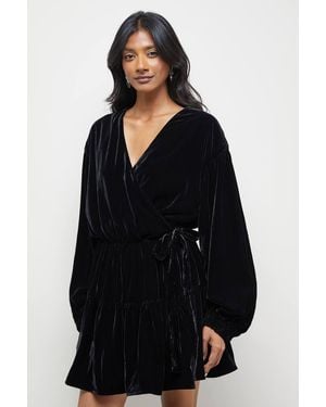 Warehouse Velvet Wrap Mini Smock Dress - Black
