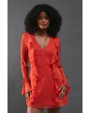 Warehouse Chiffon Ruffle Detail Tie Sleeve Mini Dress - Red