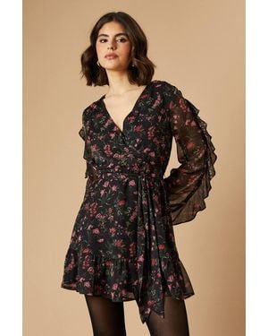 Oasis Floral Printed Ruffle Sleeve Bow Detail Mini Dress - Black