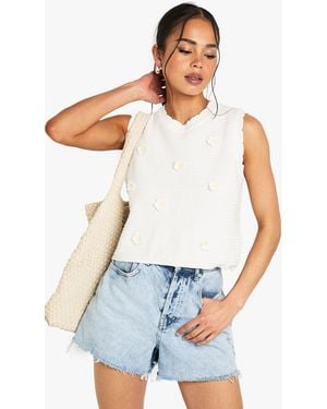 Boohoo Floral Appliqué Crochet Knitted Top - White