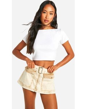Boohoo Belted Zip Through Patch Pocket Denim Micro Mini Skirt - White