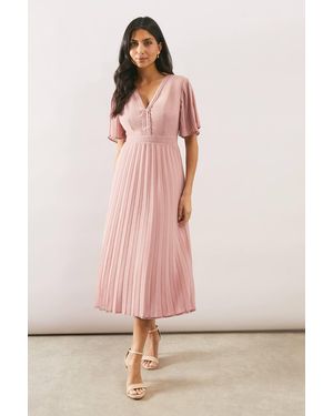 Wallis Chiffon Pleated Sleeve Midi Dress - Pink
