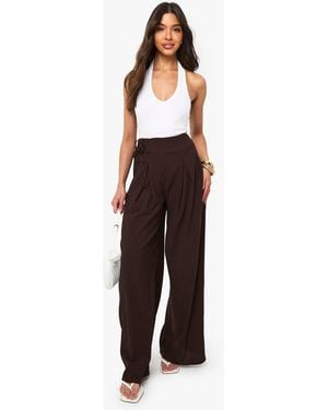 Boohoo Textured Wrap Front Detail Trouser - Brown